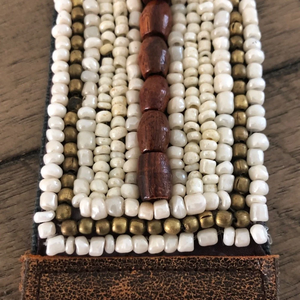 Old Navy beaded western boho Brown Leather Trim belt Festival Hippie
